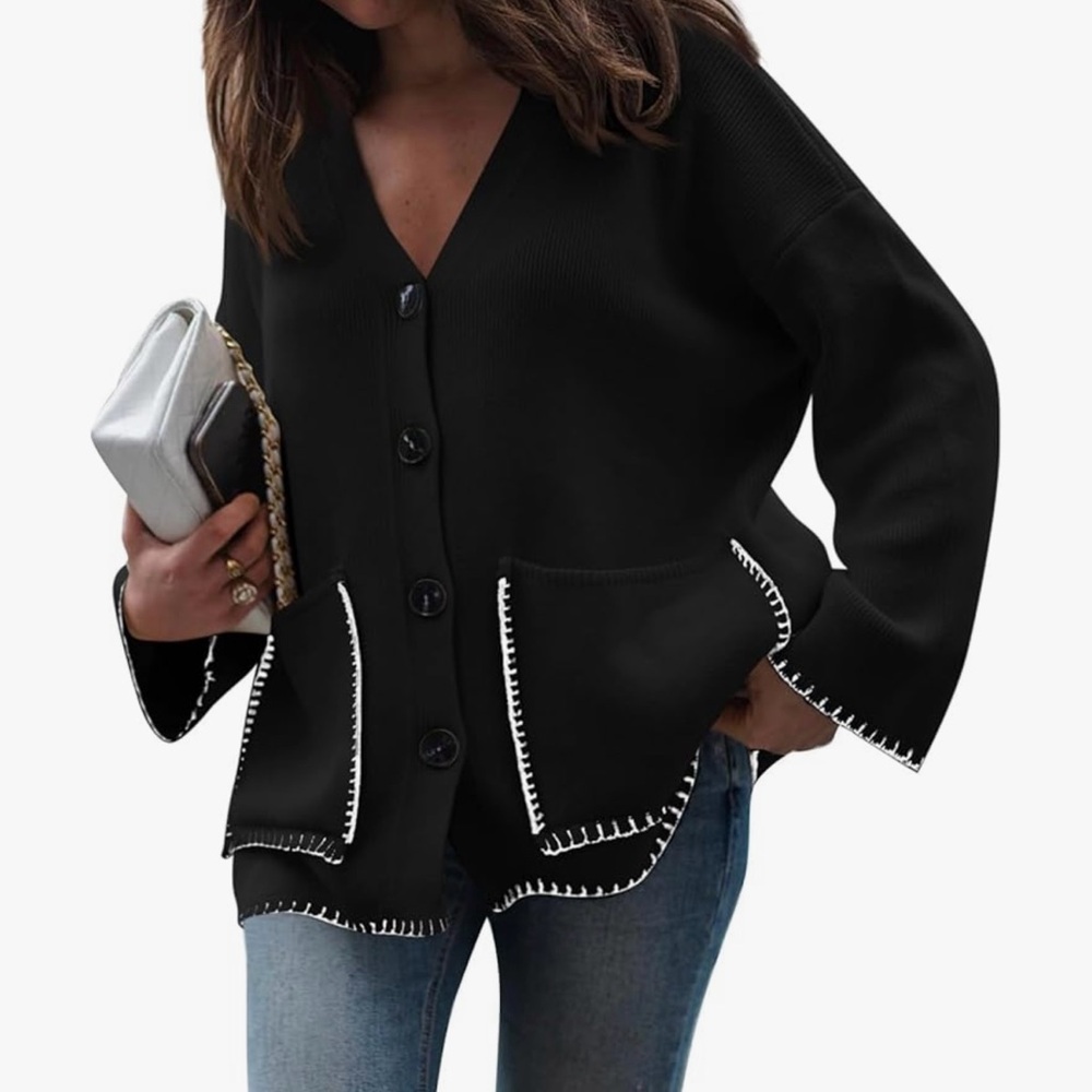 Black Cardigan Sweater with White Trim